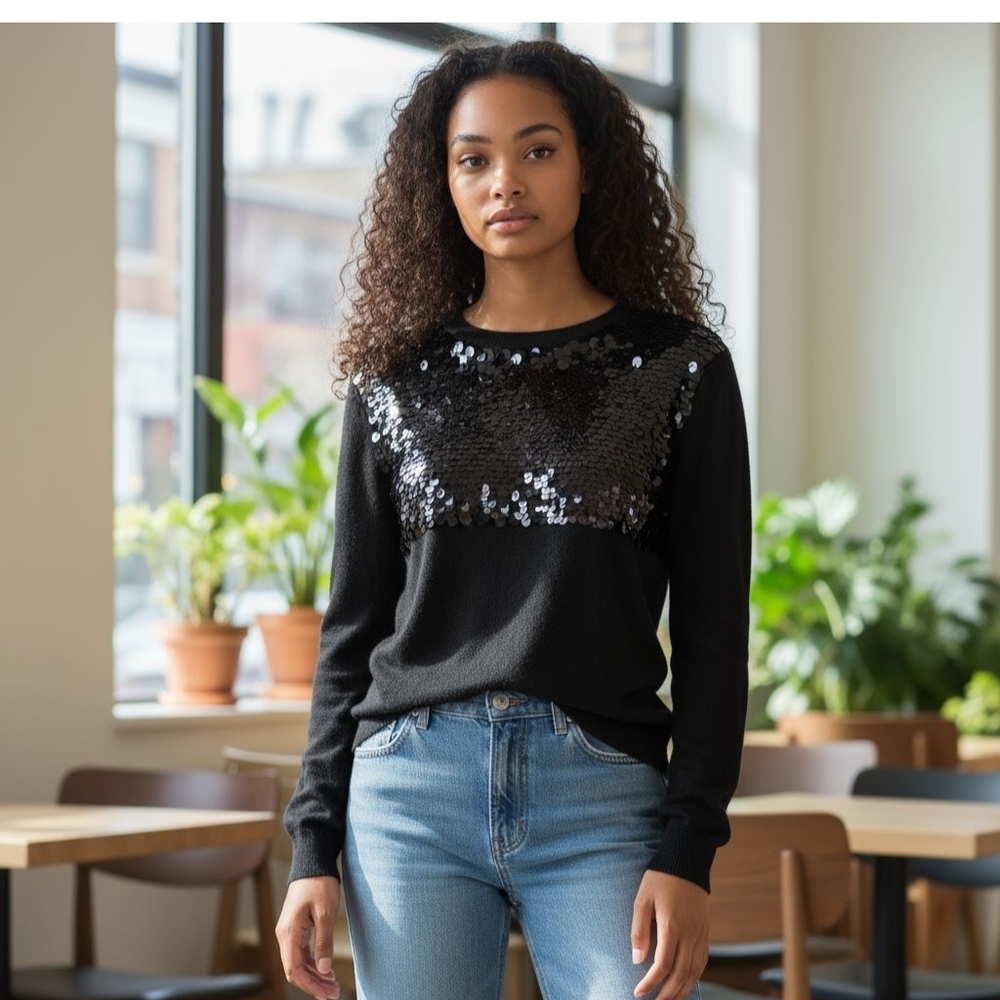 H&M Women's Black Sequin Embellished Knit Sweater Size S